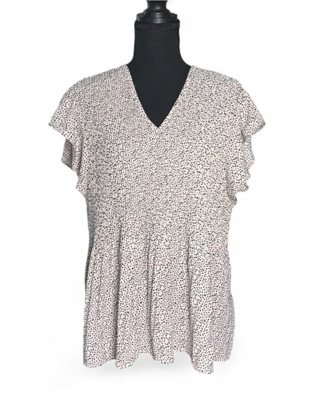 Adrianna Papell XL V-Neck Flutter Sleeve Pleated Micro Animal Print Top NEW